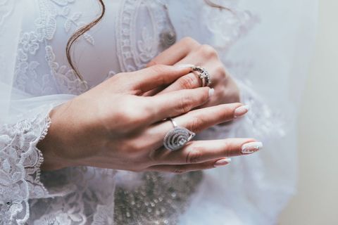 Bride Adjusting Ring on Her Wedding Day with Elegant Lace Details