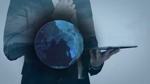 Businessman Utilizing Technology with Digital Globe Animation