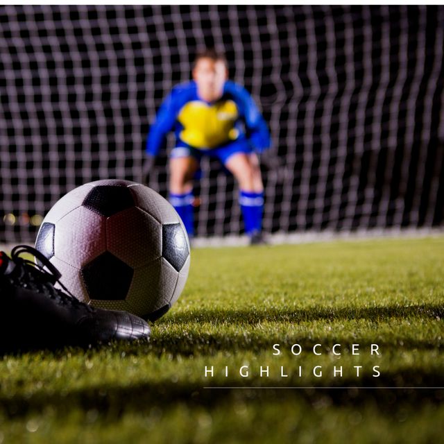 Image features a close-up view of a soccer ball on pitch grass with a blurry goalkeeper in background under night lighting. Useful for sports blogs, articles, and promotional materials focused on soccer games, highlights, and competitions.