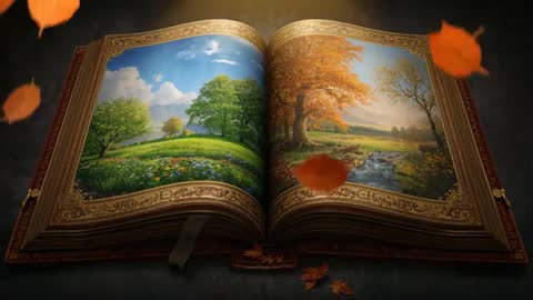 Ornate Book Surrounded by Floating Autumn Leaves Illustrating Seasonal Transition
