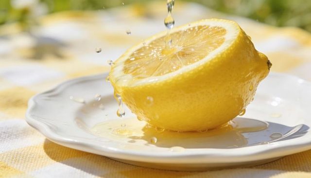 Water splashing on halved lemon on scalloped plate, juice pooling, bright summer still life