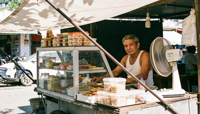 Senior vendor selling street snacks from vintage food cart under shady urban canopy