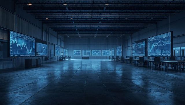 Futuristic Data Center with Dynamic Display Monitors in Warehouse Setting