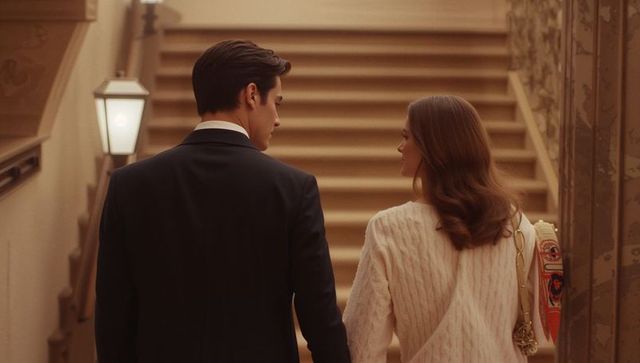 Romantic Couple Ascending Staircase in Luxury Hotel