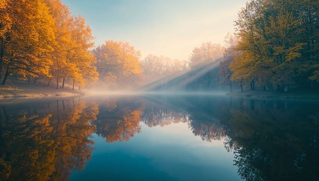 Misty morning rays over tranquil autumn lake
