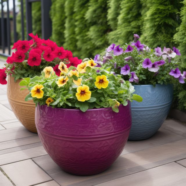 Colourful petunias in ceramic planters in garden, created using generative ai technology. Flowers, plants, growth, spring, nature and gardening concept digitally generated image.
