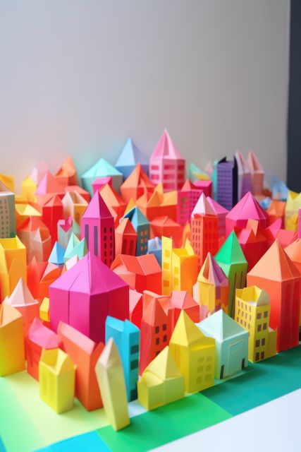 Origami cityscape on grey background, created using generative ai technology. Cityscape, origami art and architecture concept digitally generated image.