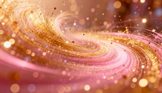 Swirling gold and pink glitter spiral with metallic bokeh and luminous particles