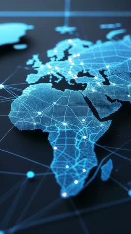 Revealing Holographic Network Map Over Europe and Africa — Vertical Futuristic Tech Interface