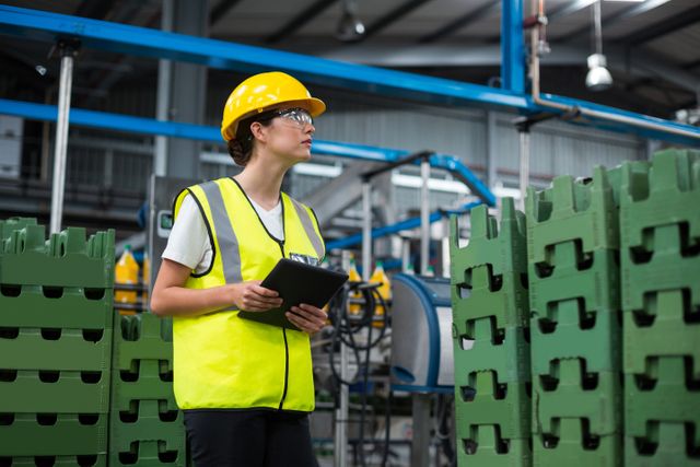 Female factory worker wearing safety vest and hard hat using digital tablet for inventory management in an industrial setting. Ideal for illustrating modern manufacturing processes, technology in industry, workplace safety, and professional roles in logistics and production environments.