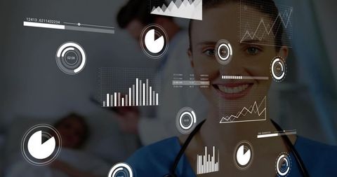 Smiling nurse in blue scrubs consulting doctor with tablet and digital analytics hud