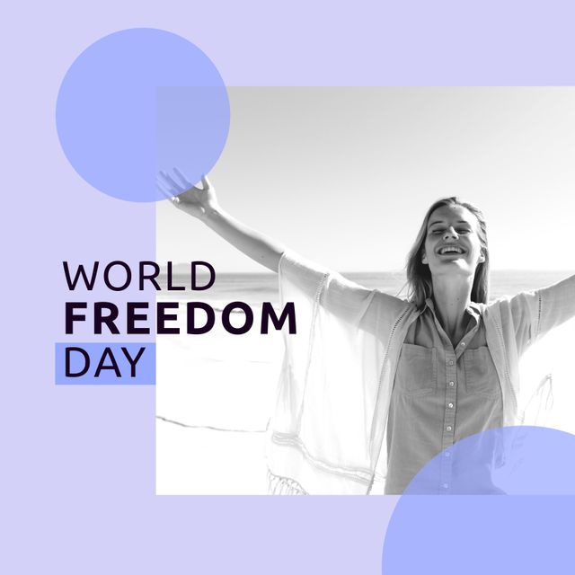 Image of freedom day over happy caucasian woman on beach in black and white. Freedom, holidays and vacation concept.