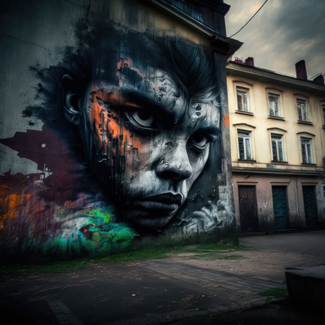 Alley with wall covered in graffiti with man portrait created using generative ai technology. Graffiti, urban art and colour concept digitally generated image.