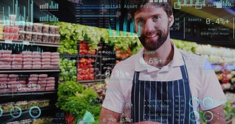 Grocery Clerk Using Retail Analytics in Produce Aisle, Bearded Worker in Striped Apron