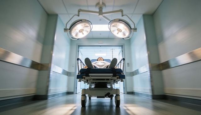 Patient on gurney rushing through hospital corridor under surgical lights