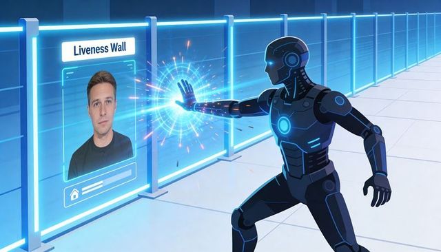 Android interacting with liveness wall hologram in neon corridor, biometric access concept