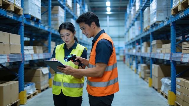 Warehouse team scanning inventory with tablet and handheld scanner in pallet aisle