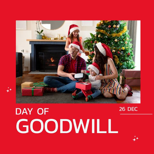 Composition of day of goodwill text over biracial couple with children in santa hats at christmas. Day of goodwill, goodness and christmas concept.