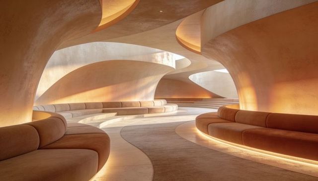 Sinuous curved banquettes flowing through organic sculptural lounge with warm led lighting