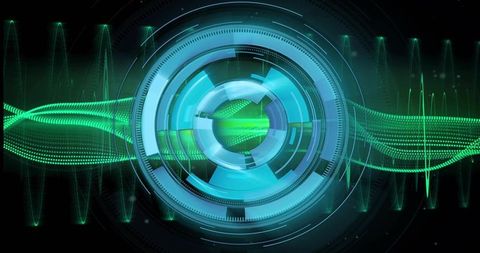 Futuristic HUD Interface With Neon Green Waveform and Rotating Concentric Rings