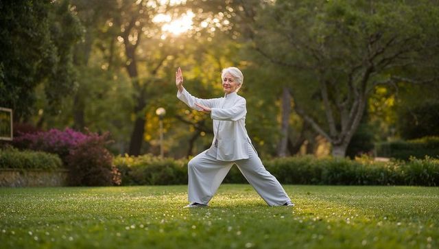Senior woman practicing tai chi on park lawn in morning sunlight