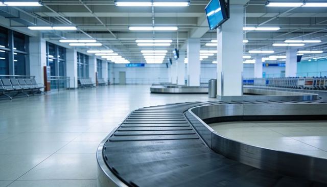 Empty airport baggage claim featuring curving conveyor belt leading through modern terminal