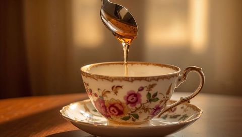 Golden honey pouring into vintage floral teacup and saucer in warm sunlight
