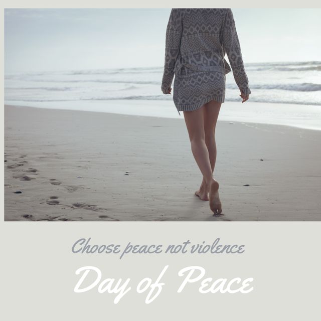 This image depicts a young Caucasian woman walking along a serene beach, embodying a message of peace and nonviolence. Ideal for campaigns promoting peace, mental well-being, or mindfulness, it can be used in social media posts, blogs, or advertisements to advocate for peaceful living and mental health awareness.