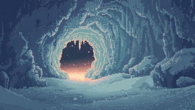 Pixel art arctic ice tunnel framing warm sunrise over ridge, icicles and glowing horizon