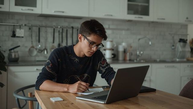 Young man concentrating and writing notes while working on laptop in cozy kitchen
