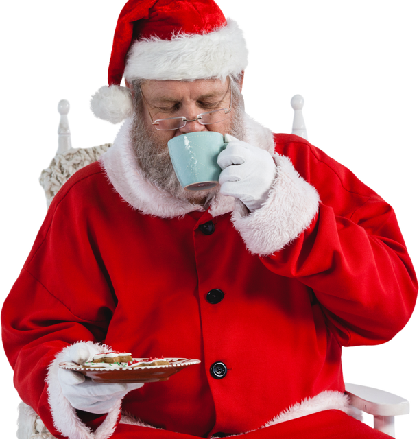 Transparent Santa Claus Drinking Coffee Holding Cookies on Plate - Download Free Stock Videos Pikwizard.com