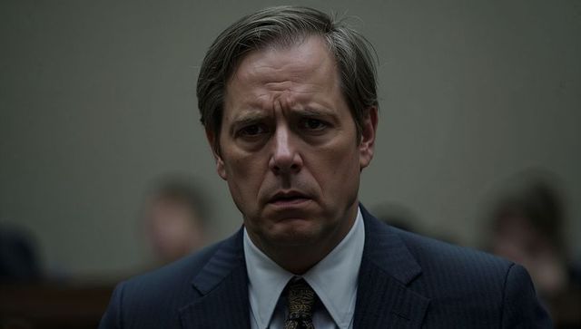 Somber businessman frowning in courtroom portrait wearing pinstripe suit and patterned tie