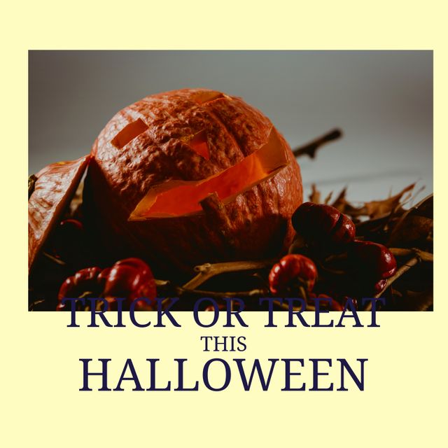 Composition of trick or treat this halloween text over pumpkin and leaves on yellow background. Halloween tradition and celebration concept digitally generated image.