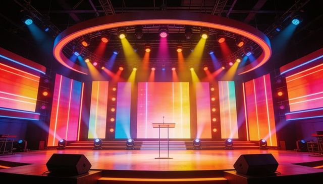 Showcasing colorful led stage with acrylic lectern and microphone, vibrant lighting for events