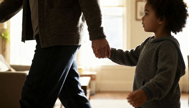 Parent walking with child holding hands in sunlit living room wearing cozy knit sweater