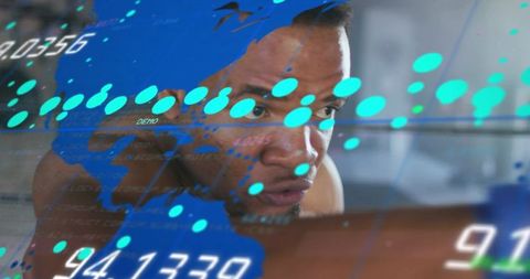Athlete focusing during high-tech training with augmented reality data hud cyan overlays