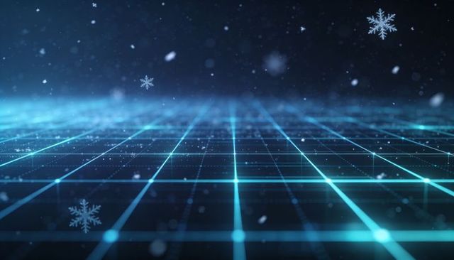 Glowing cyan grid with drifting snowflakes on futuristic digital plane horizon