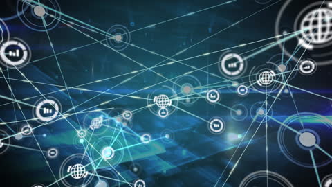 Digital Network Icons and Light Trails on Blue Background