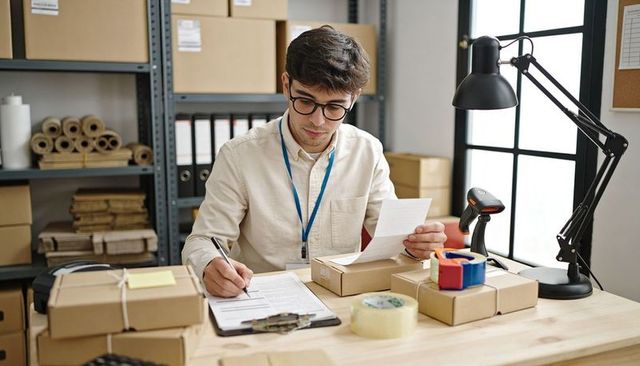 Young man packing and scanning e-commerce orders with barcode scanner and labels at fulfillment desk