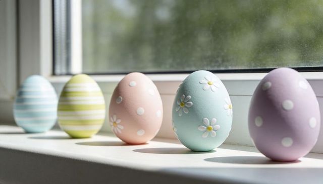 Pastel easter eggs lined on sunlit windowsill with floral and polka dot designs