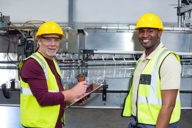 Portrait of two factory workers with clipboard standing next to production line in drinks production plant