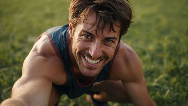 Smiling fit man taking selfie on grassy meadow during golden hour wearing red-trim tank