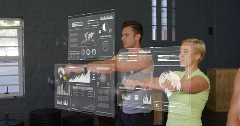 Adults holding kettlebells during functional training with digital fitness overlay