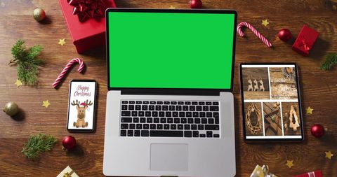 Festive Christmas Workspace with Laptop and Decorations - Download Free Stock Images Pikwizard.com