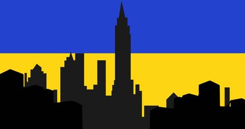 Ukrainian Flag with City Silhouette Symbolizing Urban Resilience