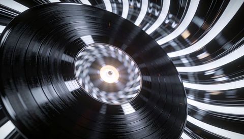 Spinning vinyl record revealing detailed grooves and reflective spiral light rings