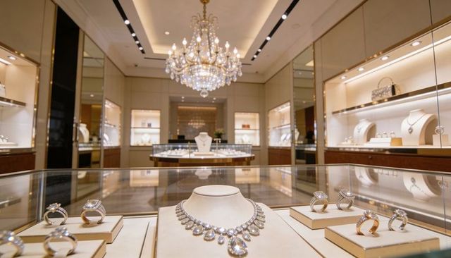 Opulent jewelry boutique showcasing diamond necklace and rings under crystal chandelier
