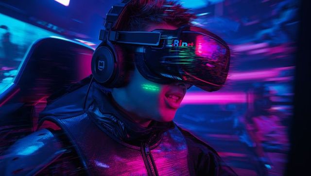 Teen Experiencing Virtual Reality in Neon-Lit Futuristic World