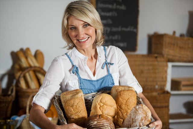 Female staff holding basket of bread in bakery section of supermarket