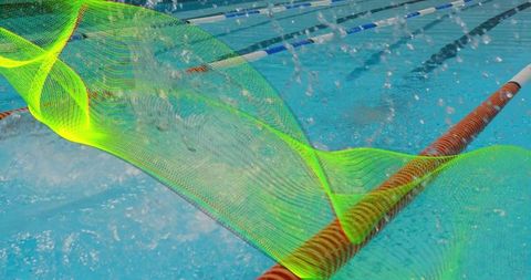 Neon digital ribbon in blue pool lane with droplets